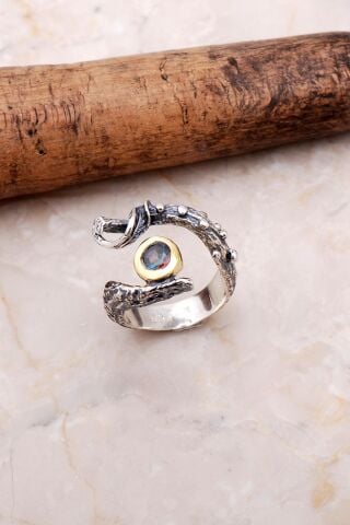 Mistik Topaz Elişi Tasarım Gümüş Sarmaşık Yüzük 3043