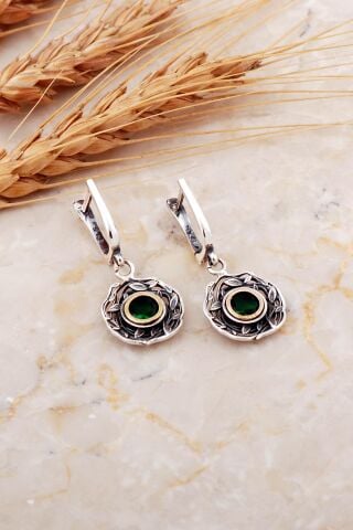 Kök Zümrüt Taşlı Sarmaşık Tasarım Elişi Gümüş Küpe 7207