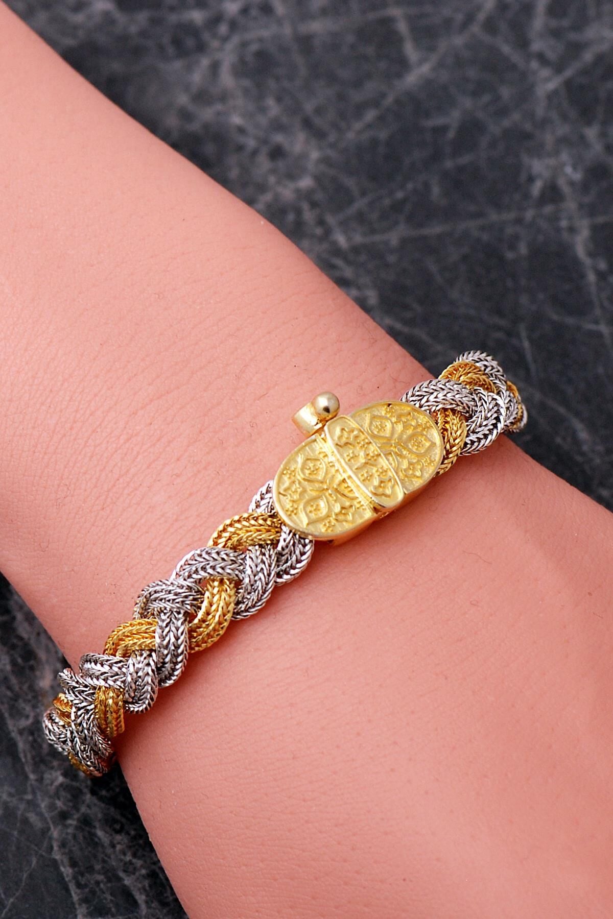 Midyat Hasır Örgü Anadolu Motifli Altın Yaldızlı 925 Ayar Gümüş Bileklik 4890