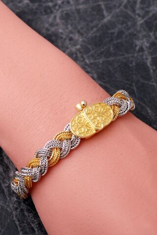 Midyat Hasır Örgü Anadolu Motifli Altın Yaldızlı 925 Ayar Gümüş Bileklik 4890