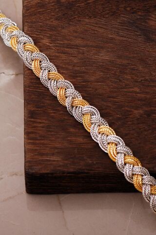 Midyat Hasır Örgü Anadolu Motifli Altın Yaldızlı 925 Ayar Gümüş Bileklik 4890