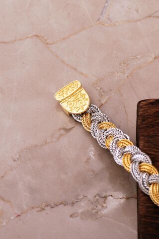 Midyat Hasır Örgü Anadolu Motifli Altın Yaldızlı 925 Ayar Gümüş Bileklik 4890