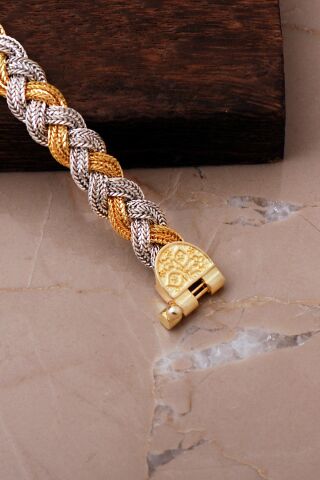 Midyat Hasır Örgü Anadolu Motifli Altın Yaldızlı 925 Ayar Gümüş Bileklik 4890