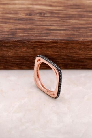 Tamtur Kare Siyah Taşlı Rose Gümüş Yüzük 963