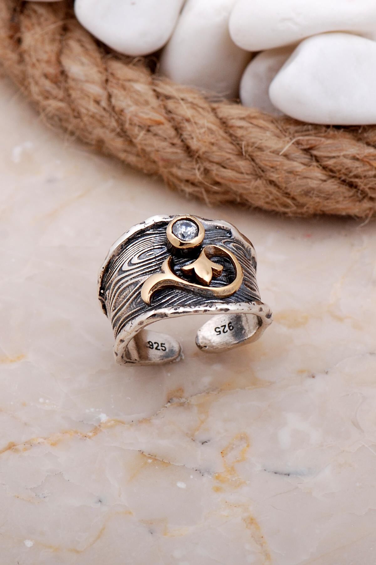 Kuvars Taşlı Dallı Çekiç Dövme Elişi Gümüş Yüzük 3625