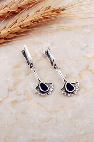 Safir Taşlı Karanfil Çekiç Dövme Elişi Gümüş Küpe 7210