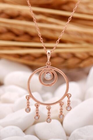 Sallantılı Halka Tasarım Rose Gümüş Kolye 7373