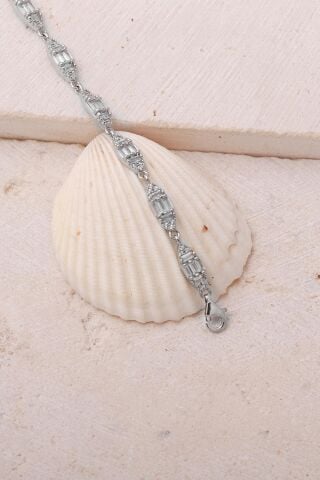 Baget Taşlı Mekik Rodyumlu 925 Ayar Gümüş Bileklik 4894