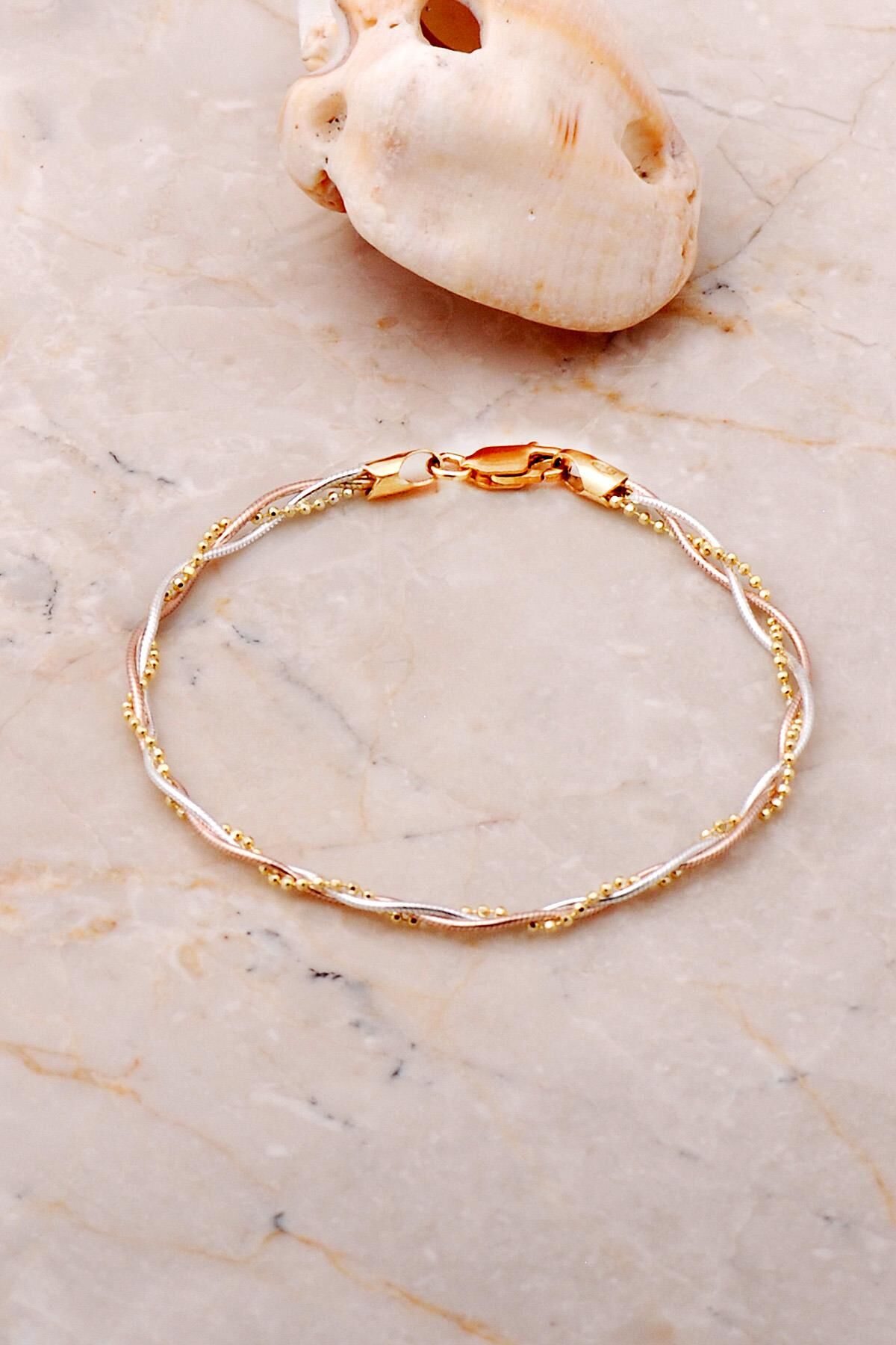 İtalyan Örgü Altın Yaldızlı Rose Gümüş Bileklik 3706