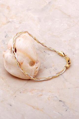 İtalyan Örgü Altın Yaldızlı Rose Gümüş Bileklik 3706