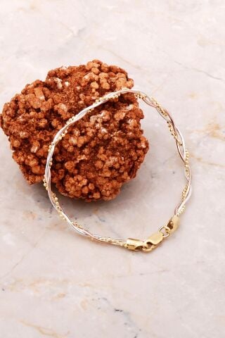 İtalyan Örgü Altın Yaldızlı Rose Gümüş Bileklik 3706