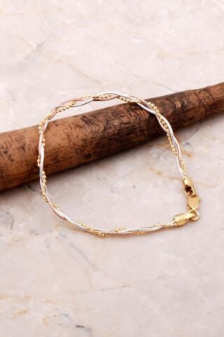 İtalyan Örgü Altın Yaldızlı Rose Gümüş Bileklik 3706