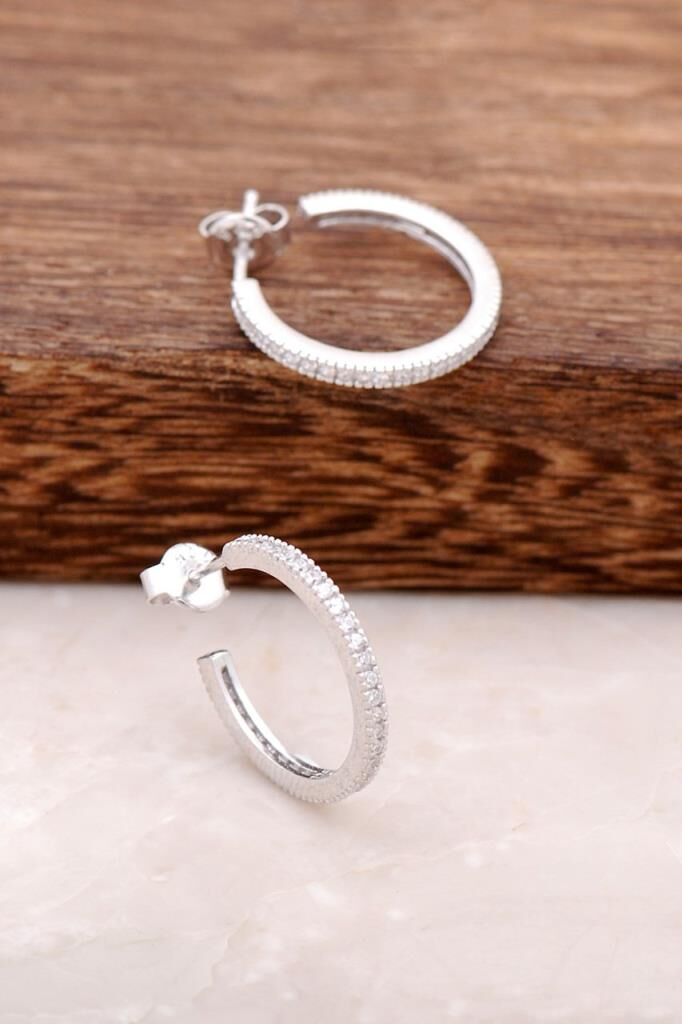 Rodyumlu Gümüş Taşlı Halka Küpe 3716