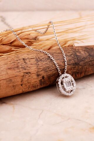 Baget Oval Rodyumlu Gümüş Kolye 7721