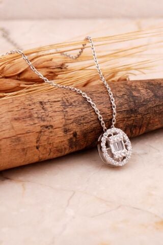 Baget Oval Rodyumlu Gümüş Kolye 7721