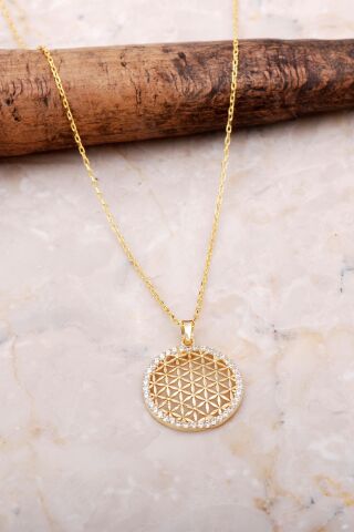 Yaşam Çiçeği Altın Yaldızlı Tamtur Taşlı Gümüş Kolye 6901