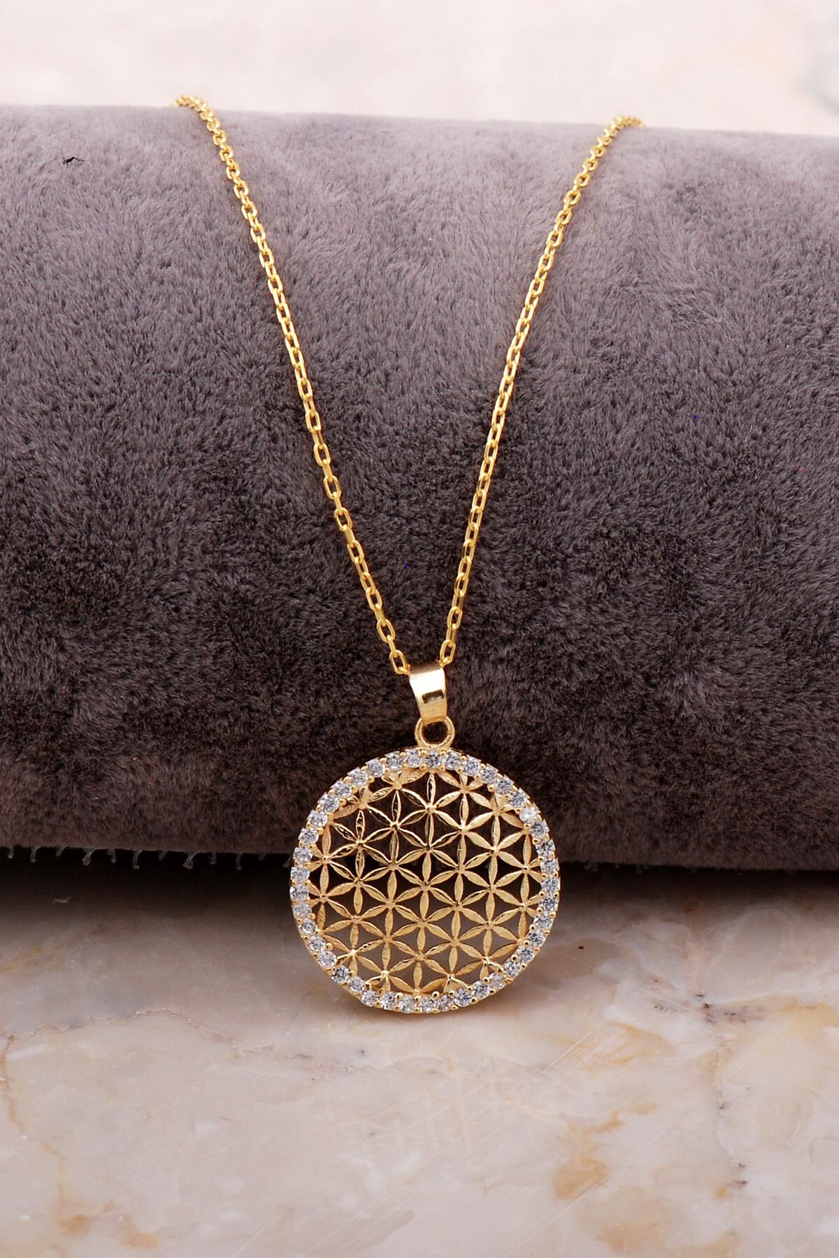 Yaşam Çiçeği Altın Yaldızlı Tamtur Taşlı Gümüş Kolye 6901