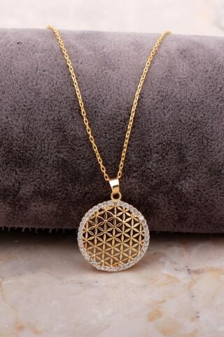 Yaşam Çiçeği Altın Yaldızlı Tamtur Taşlı Gümüş Kolye 6901