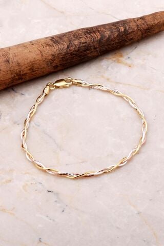 İtalyan Örgü Altın Yaldızlı Rose Gümüş Bileklik 3708