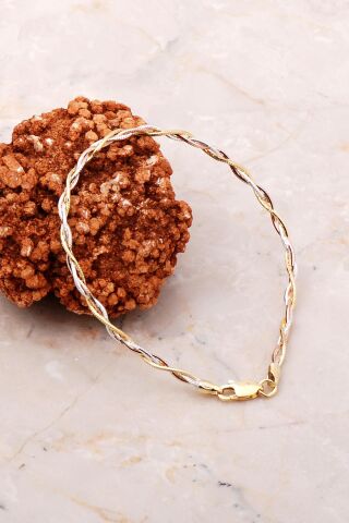 İtalyan Örgü Altın Yaldızlı Rose Gümüş Bileklik 3708