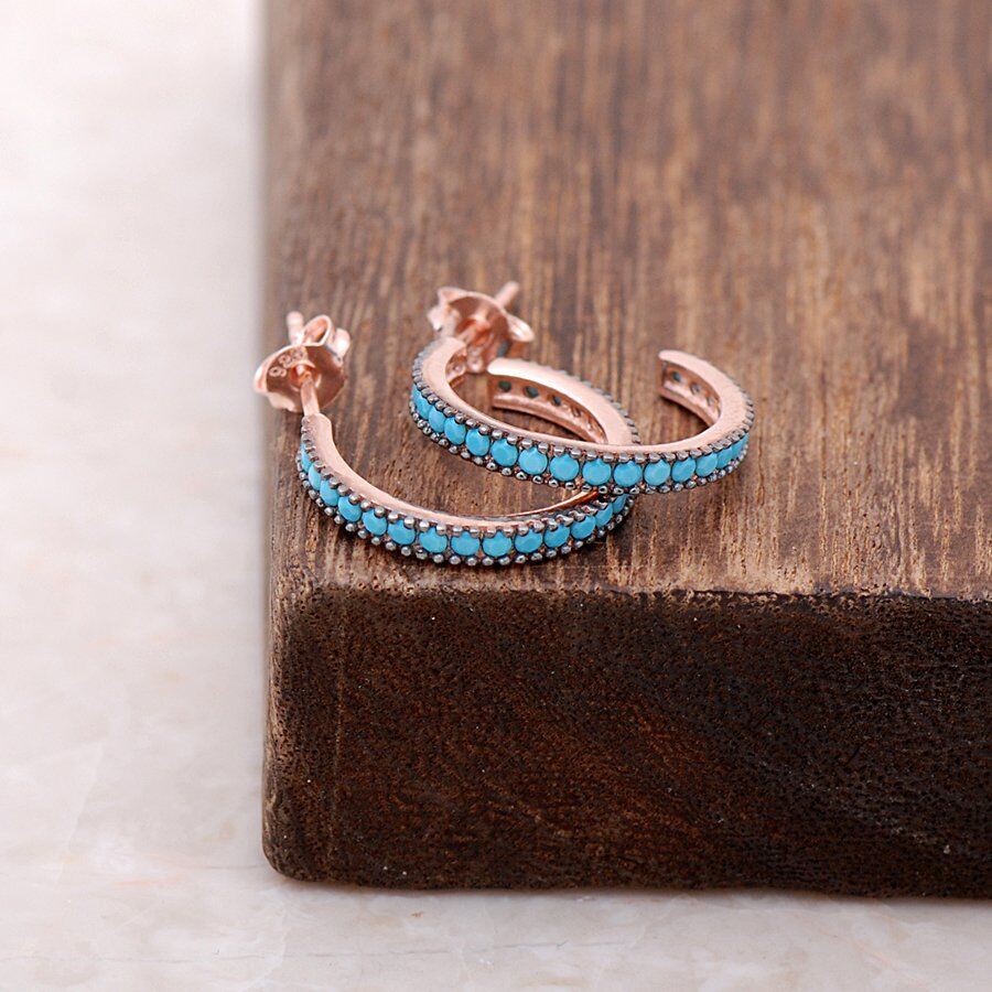 Rose Gümüş Turkuaz Taşlı Halka Küpe 3718