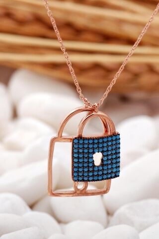 Çift Katlı Kilit Rose Gümüş Kolye 7377