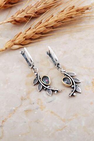 Mistik Topaz Taşlı Yapraklı Dövme Elişi Gümüş Küpe 7214