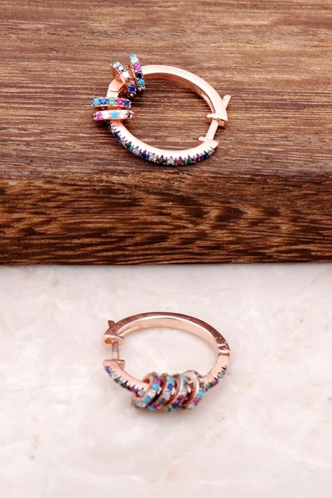 Mix Taşlı Rose Gümüş Tamtur Çılgın Halka Küpe 2180