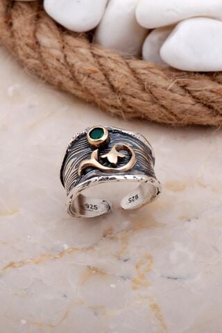 Zümrüt Taşlı Dallı Çekiç Dövme Elişi Gümüş Yüzük 3628