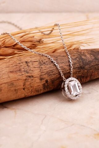 Baget Oval Rodyumlu Gümüş Kolye 7722