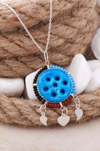 Süryani Nazar Boncuğu Renkli Gümüş Kolye 7623