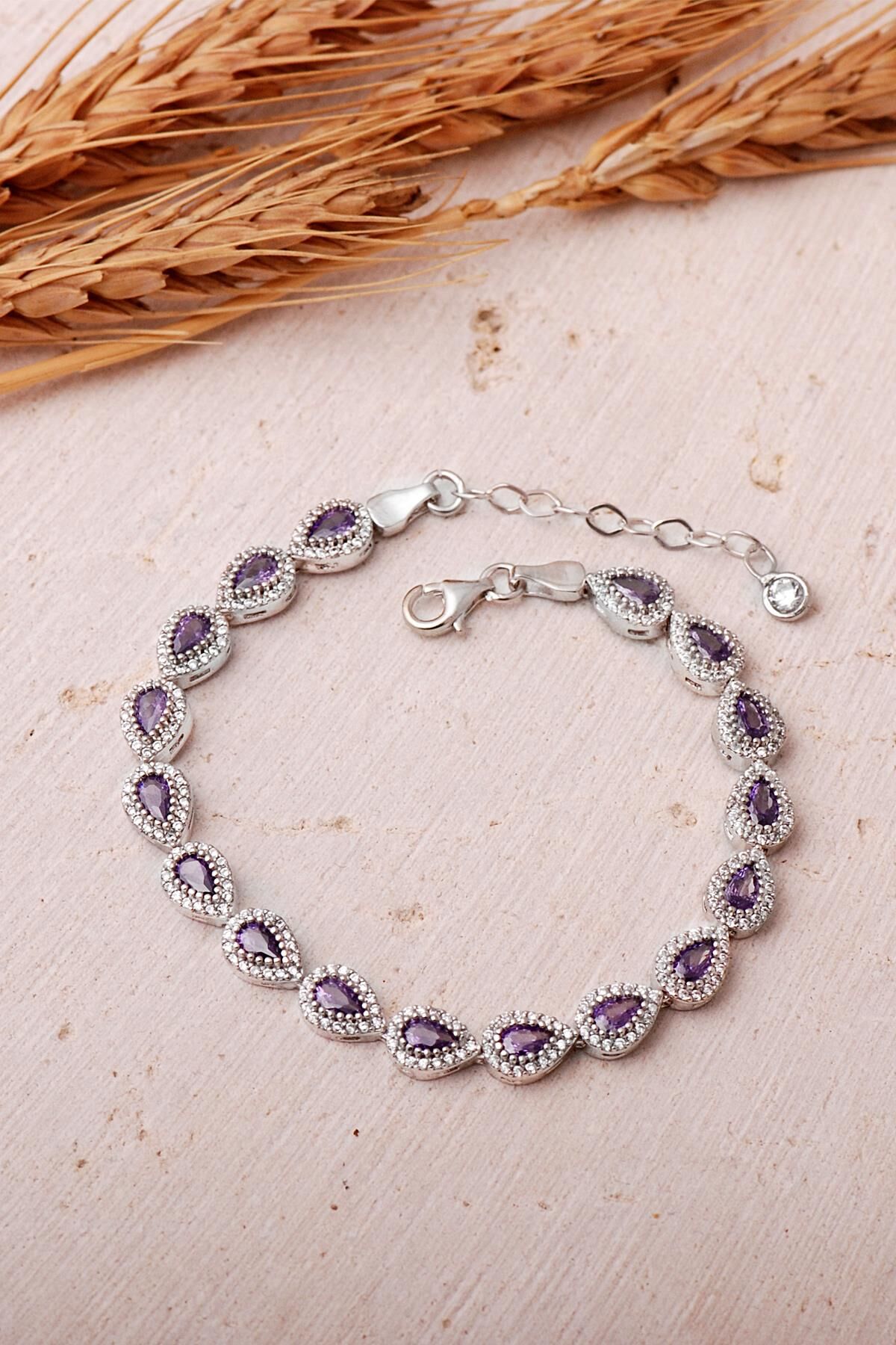 Ametist Taşı Damla Rodyumlu 925 Ayar Gümüş Bileklik 4899