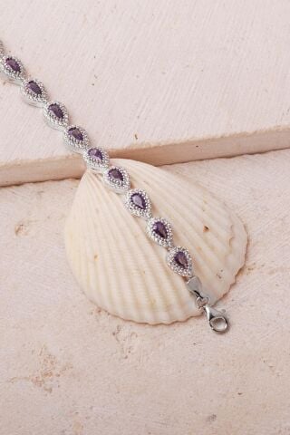 Ametist Taşı Damla Rodyumlu 925 Ayar Gümüş Bileklik 4899