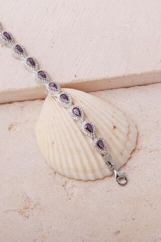 Ametist Taşı Damla Rodyumlu 925 Ayar Gümüş Bileklik 4899