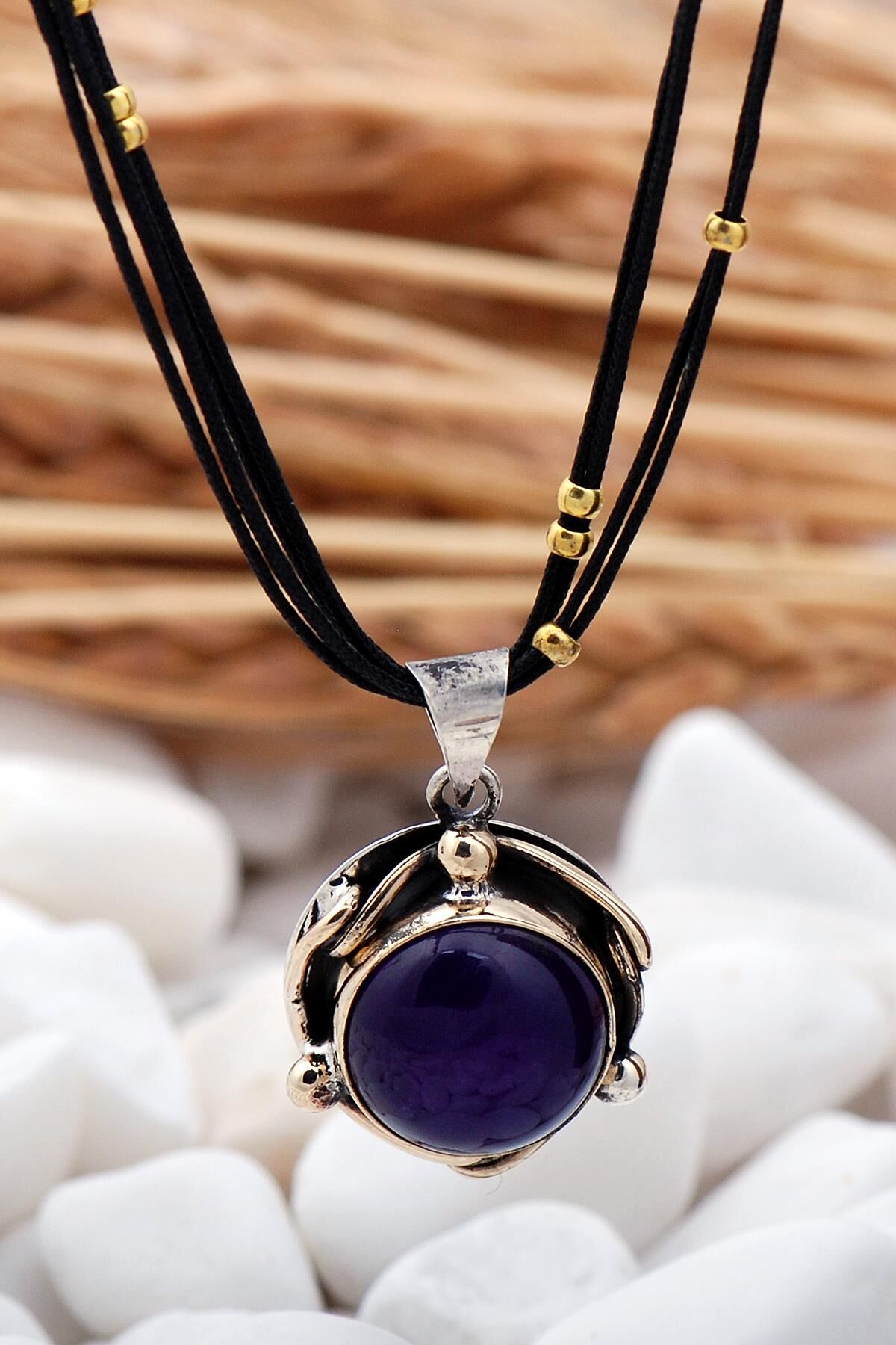 Ametist Taşlı Elişi Gümüş Kolye 7383