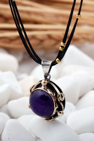 Ametist Taşlı Elişi Gümüş Kolye 7383