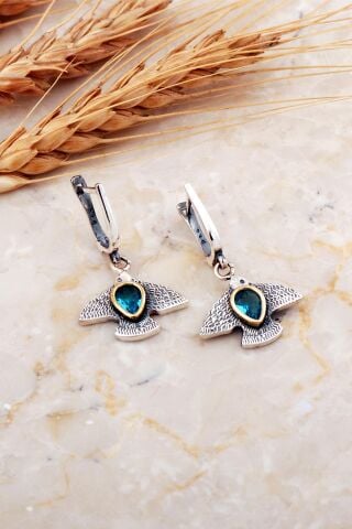 Akuamarin Taşlı Martı Çekiç Dövme Elişi Gümüş Küpe 7223