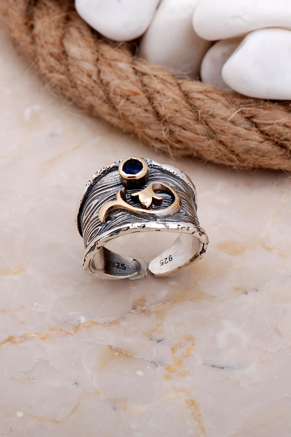 Safir Taşlı Dallı Çekiç Dövme Elişi Gümüş Yüzük 3630