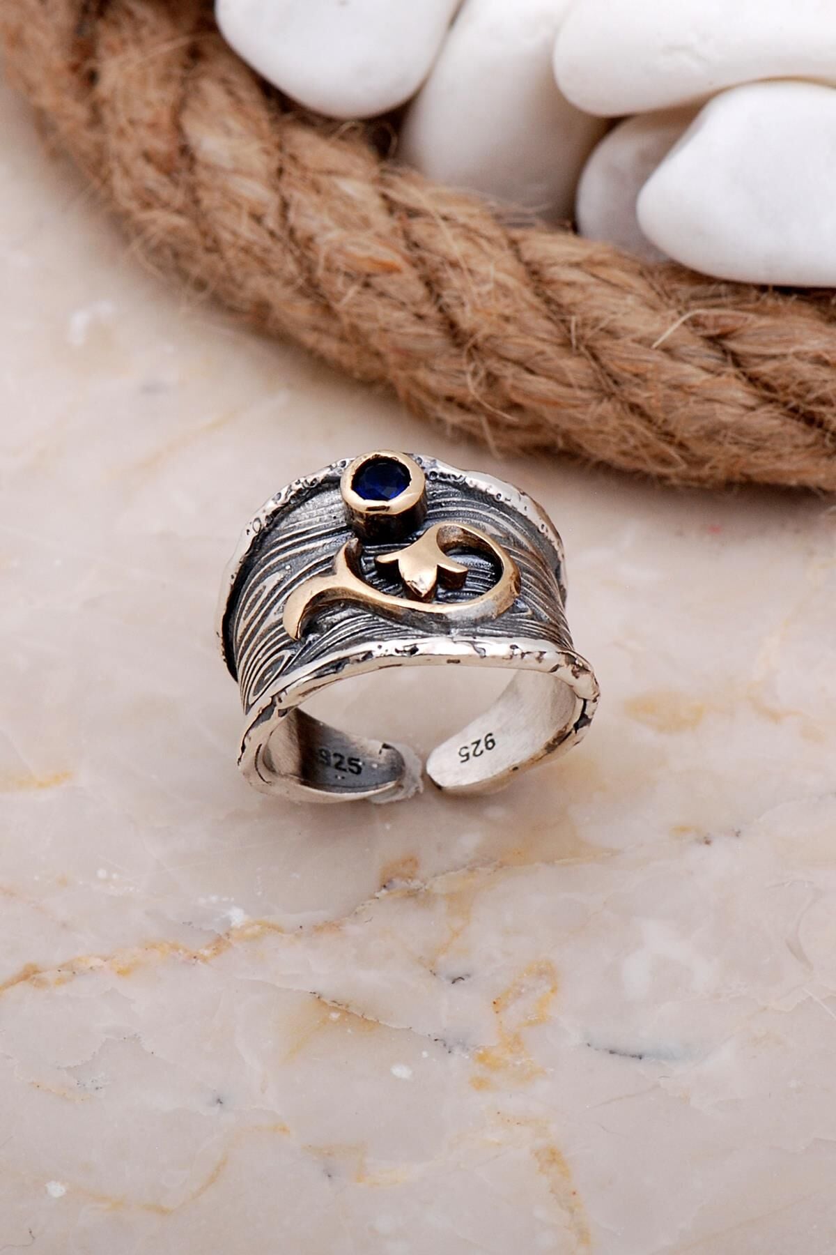 Safir Taşlı Dallı Çekiç Dövme Elişi Gümüş Yüzük 3630