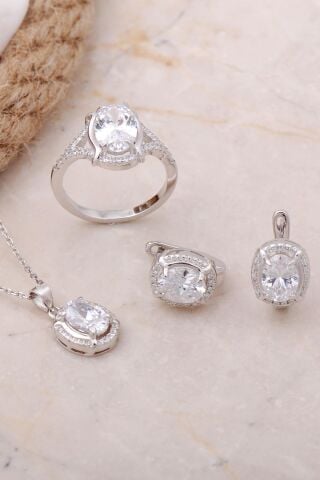 Oval Tektaş Rodyumlu gümüş Set 2485