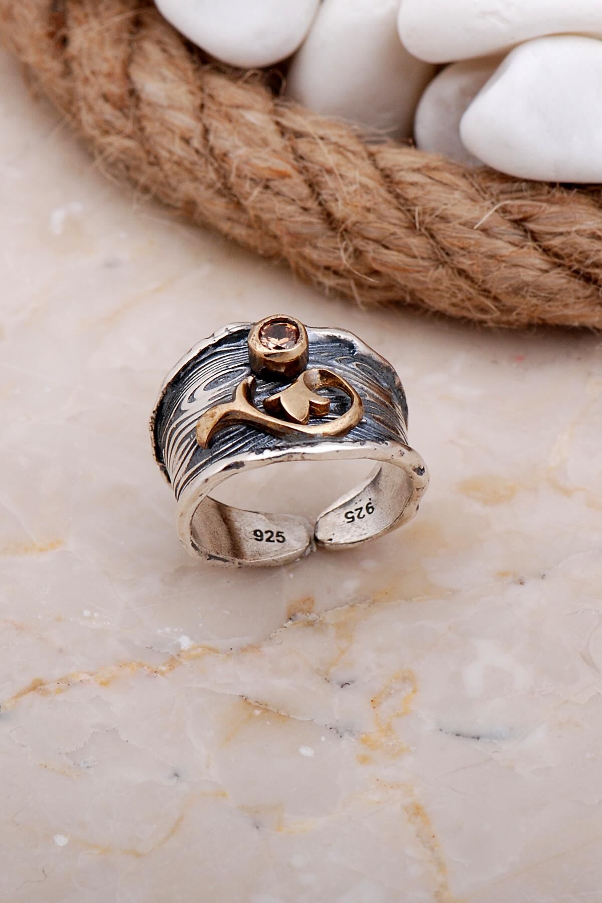 Topaz Taşlı Dallı Çekiç Dövme Elişi Gümüş Yüzük 3631