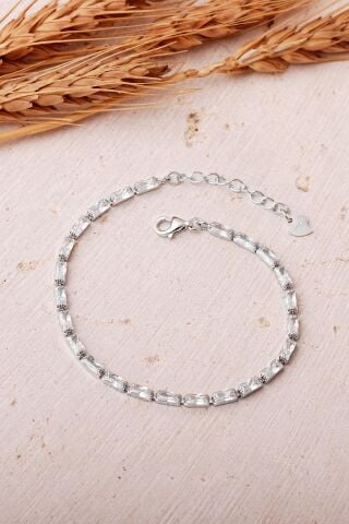 Baget Taşlı Su Yolu Rodyumlu 925 Ayar Gümüş Bileklik 4903