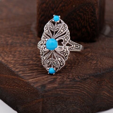 Turkuaz Ve Markazit Taşlı Tasarım Gümüş Yüzük 2293
