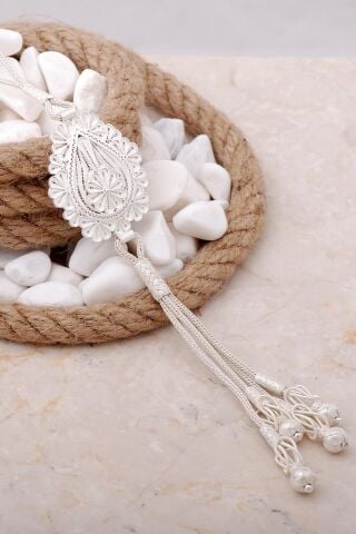 Damla Telkari İşlemeli Kazaziye Elişi Gümüş Kolye 7625