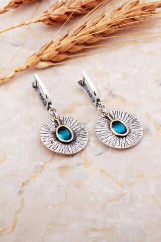 Akuamarin Taşlı Çekiç Dövme Elişi Gümüş Küpe 7229