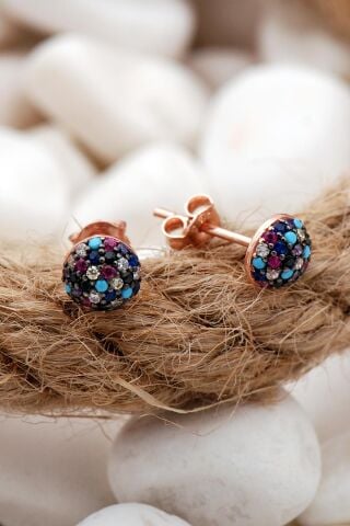 Mix Taşlı Rose Gümüş Küpe 5559
