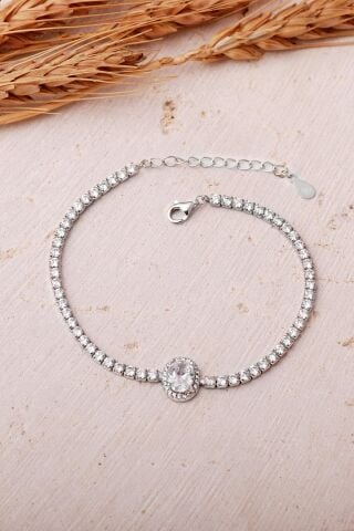 Oval Taşlı Su Yolu Rodyumlu 925 Ayar Gümüş Bileklik 4907