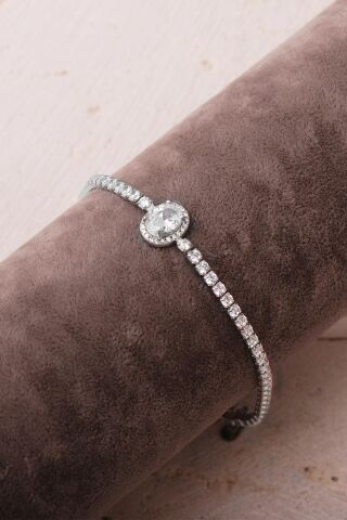 Oval Taşlı Su Yolu Rodyumlu 925 Ayar Gümüş Bileklik 4907