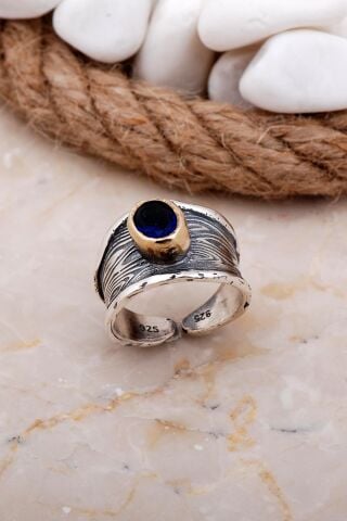 Safir Taşlı Çekiç Dövme Elişi Gümüş Yüzük 3635