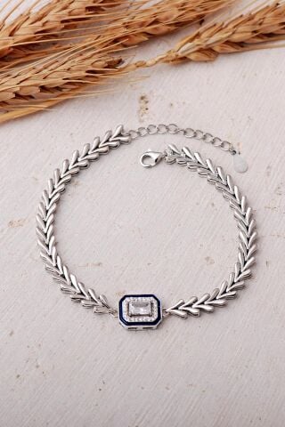 Baget Taşlı Mineli Rodyumlu Balık Sırtı 925 Ayar Gümüş Bileklik 4911